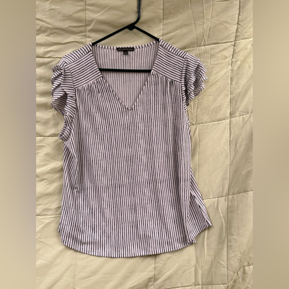 Adrianna Papell Black and White Striped Ruffle Sleeve Blouse